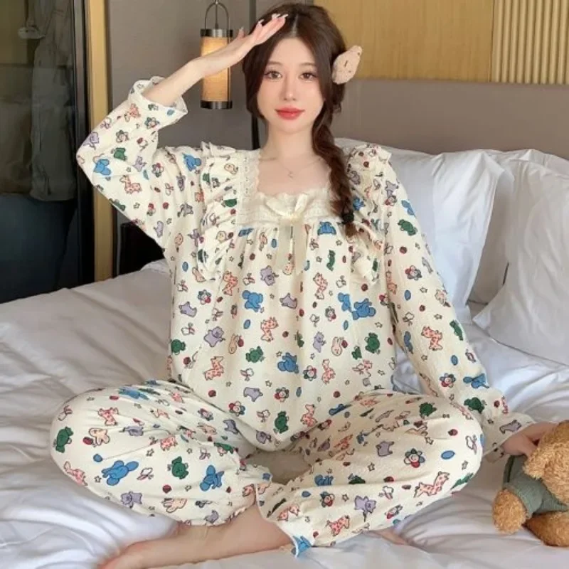 Net Celebrity Home Wear Sleepwear Spring and Autumn Sweet Wind Long Sleeve Pants Woman Pajama Large Size Loose Casual Fashion