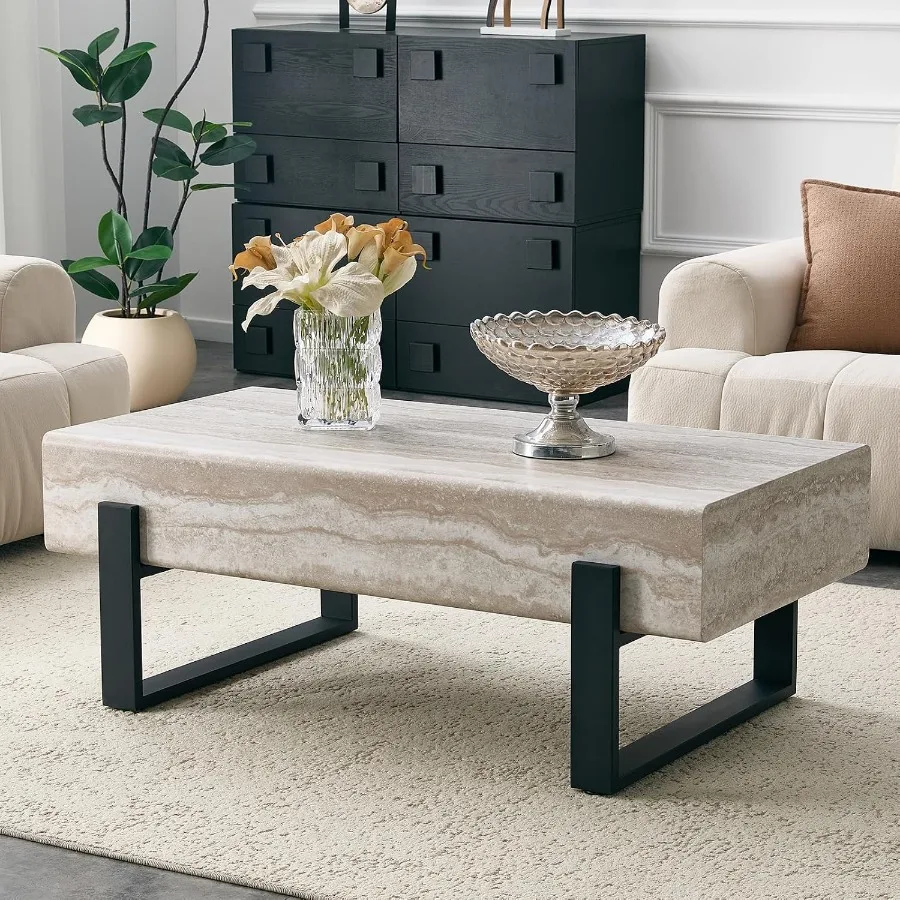 Living room office coffee table: wood tabletop with light travertine finish, 47.24 rectangle shape, 7.8 thick, metal legs, roun