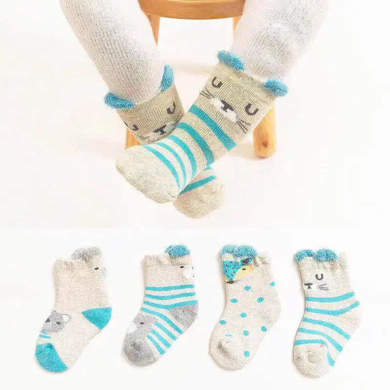 4 Pairs Korean Kids Soft Fashion Cartoon Socks Baby Middle Tube Stockings Long Socks for Infant Toddler Boys Girls Casual Socks