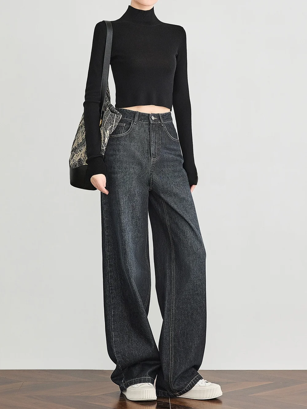 

Deep Blue Straight Leg Jeans Women's High Waist Extended Length Vintage Sle Cotton Denim Pants FALIN Commute Series