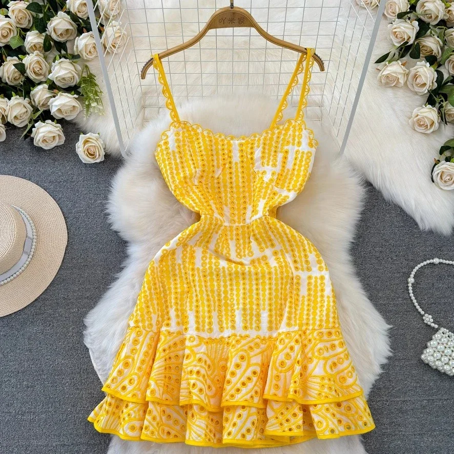 Lace Embroidery Yellow Dress Women Summer Vacation Hollow Out V-neck Sleeveless Women's Clothing Runway Design Vestido