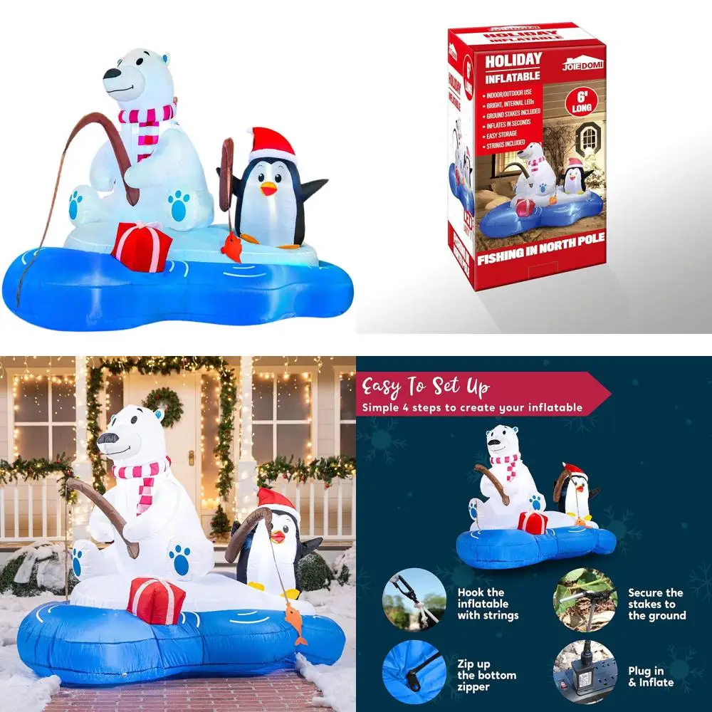 

6-Foot Tall Inflatable Polar Bear Fishing with Penguin, LED-lit Christmas Lawn and Garden Decoration