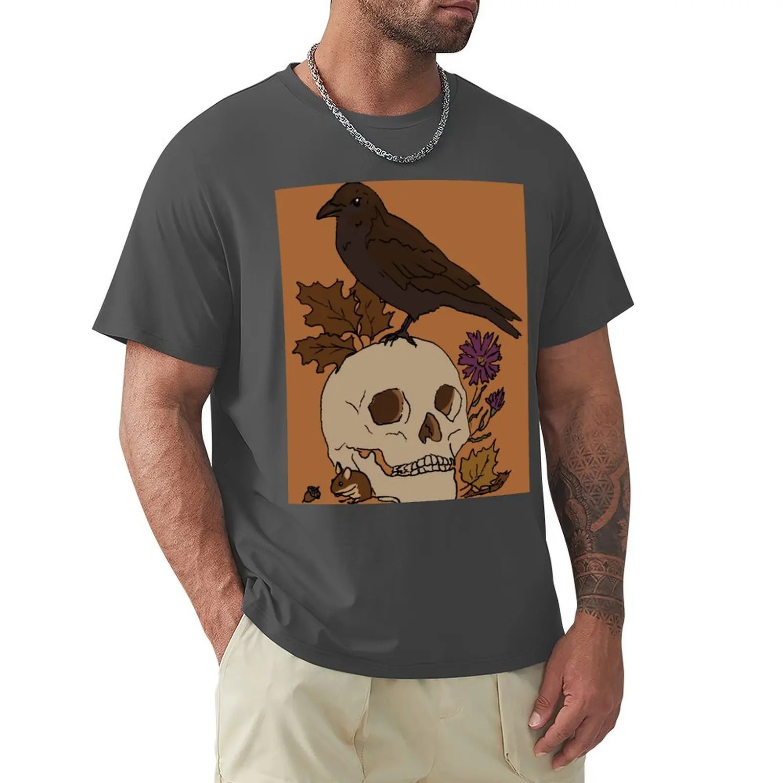 Fall Crow with Skull and Mouse Drawing T-Shirt tops vintage clothes anime clothes t shirts for men pack