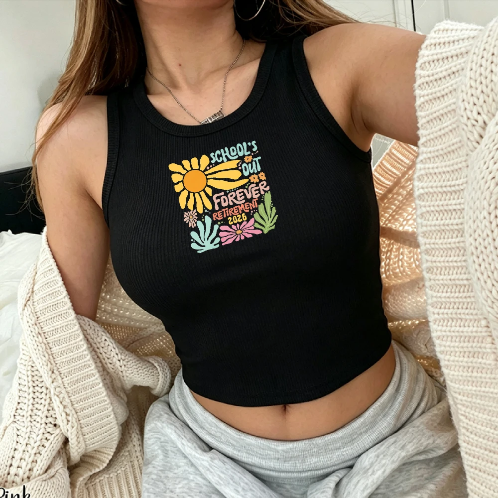 Personalized Colorful Sunflowers Text Teacher Top Ribbed Crop Top Fitted Tank Black School Out Forever Retirement 2026 Casual