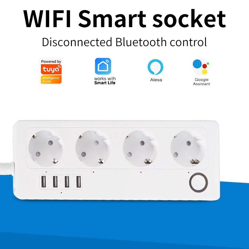 

Умный удлинитель SIXWGH Tuya с Wi-Fi, розеткой стандарта ЕС, мониторингом энергопотребления, таймером, 4 USB-портами для зарядки, совместимый с Google Home и Alexa.