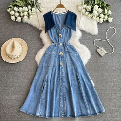 Denim Dress Women Long Dresses Y2k Streetwear Sleeveless Party Club Hollow Out Jeans High Waist Party Single Breasted Vestidos