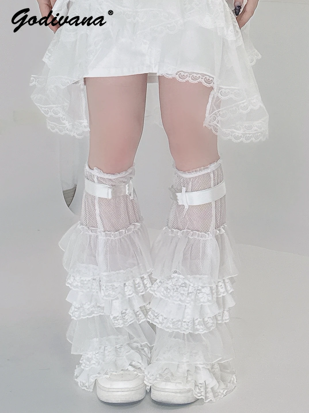 Original Girls Y2K Pure White Water Color Heavy Industry Multi-layer Lace Mesh Stitching Leg Cover Sweet Summer Leg Warmers