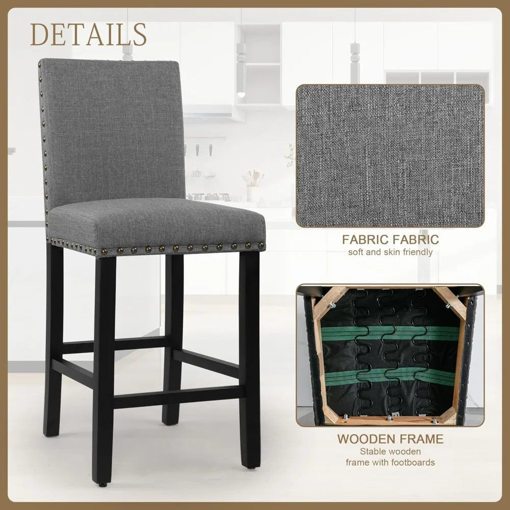 Conjunto de 4 bancos de bar com decoração de cabeça de prego Almofadas macias de 24 polegadas com bancos de pernas de madeira maciça (cinza)