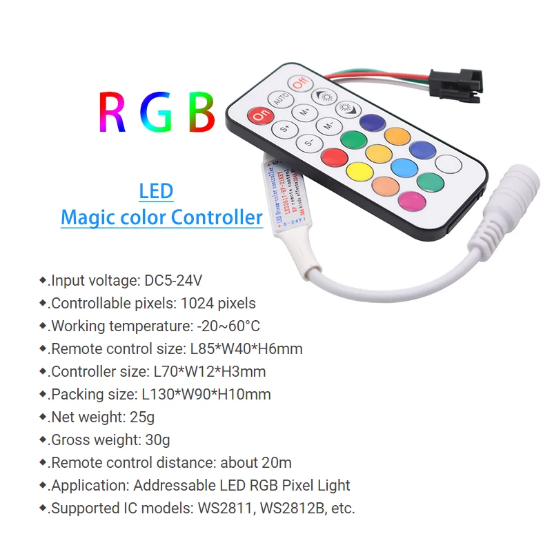 Tira de luces LED direccionables RGB WS2811 WS2812B 1903 16703 ICs, minicontrolador de atenuación inalámbrico y Control remoto RF de 21 teclas