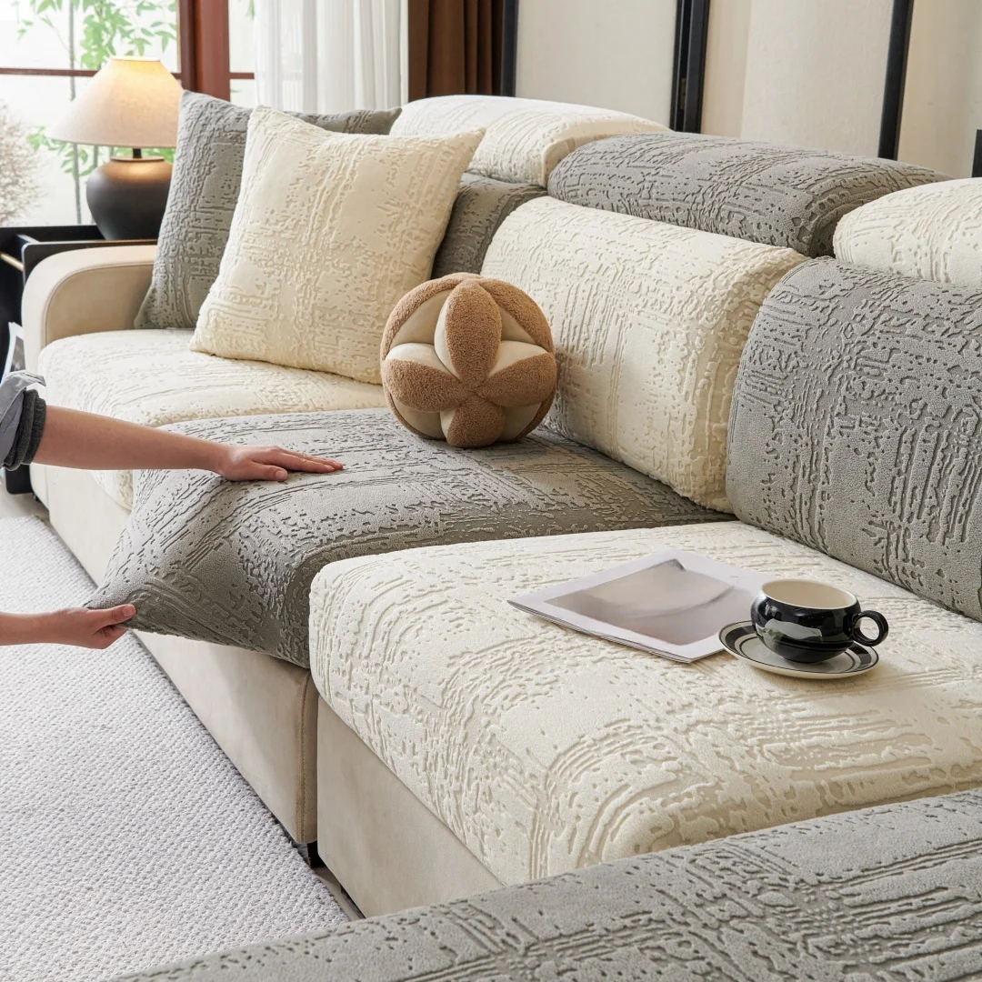 Geometric Lines Jacquard Stretchy Polar Fleece Sofa Cover for Living Room Couch Seat Slipcover Anti-Scratch Furniture Protector view 5