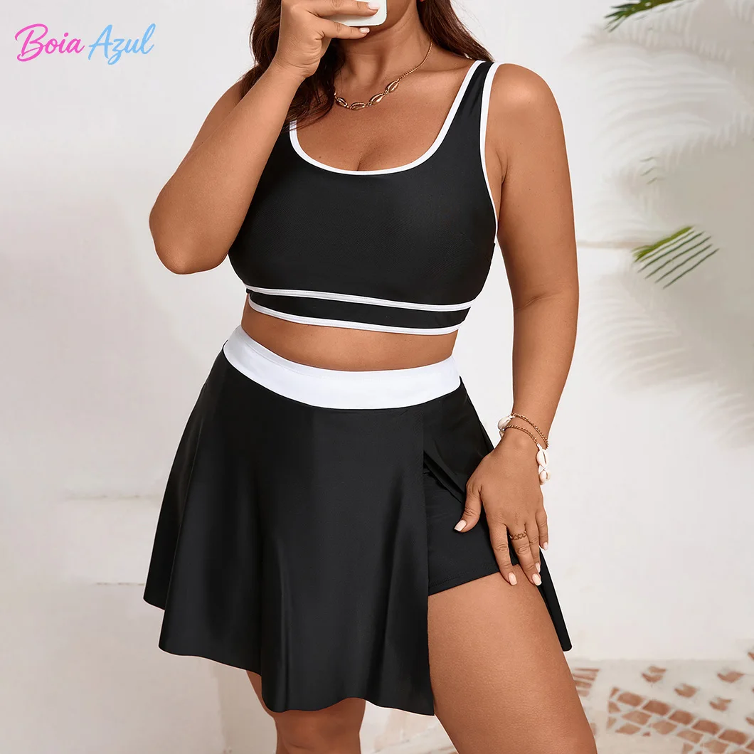 Plus size black and white contrast tankini two-piece swimsuit U-neck dress-style women's beachwear sexy backless swimsuit L-5XL view 3
