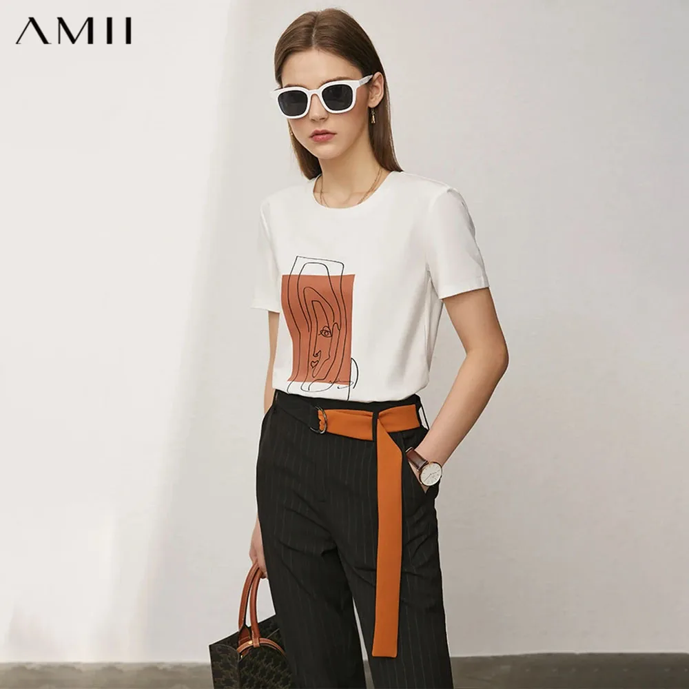 AMII Minimalism 2026 Summer New Top Women Short Sleeves Geometric Print T-shirt Cotton O Neck Black Casual Tees Female 12342527