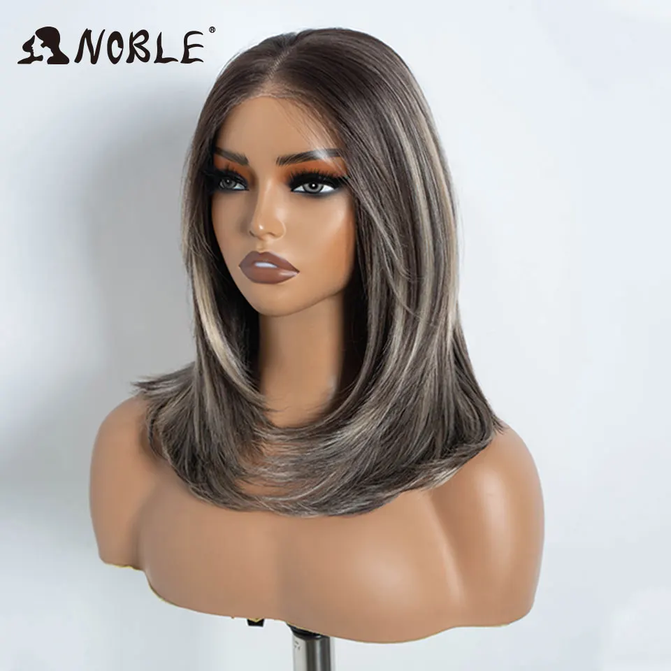 Edle synthetische Lace-Front-Perücke, 13x3, mit freiem Scheitel, vorgezupfte Bob-Perücke, 16 Zoll, gerade, gestuft, Ombre-Grau, Lace-Front-Perücken für Damen – Detail 6