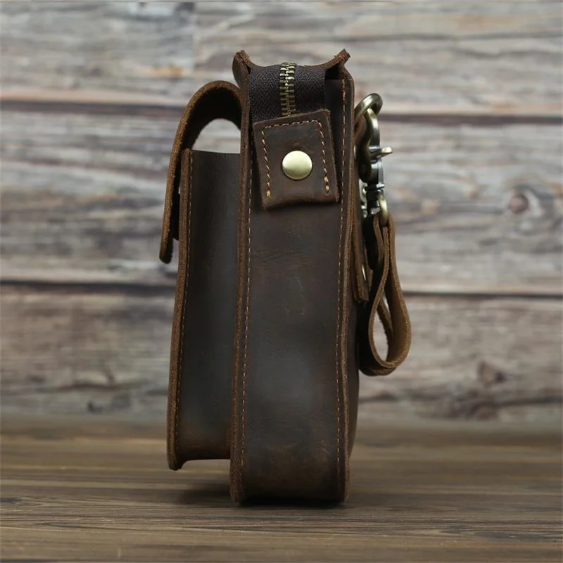 Men's Waist Bag Genuine Leather Belt Pouch 7 Inch Phone With Shoulder Strap Clip Buckle On Retro