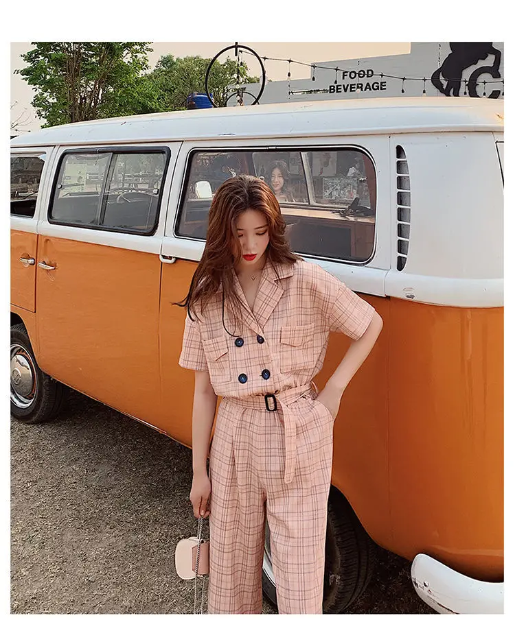 Korea Rompers Short Sleeves Trousers Women Collar Plaid Jumpsuit Full Length Work Office Lady 2024 New