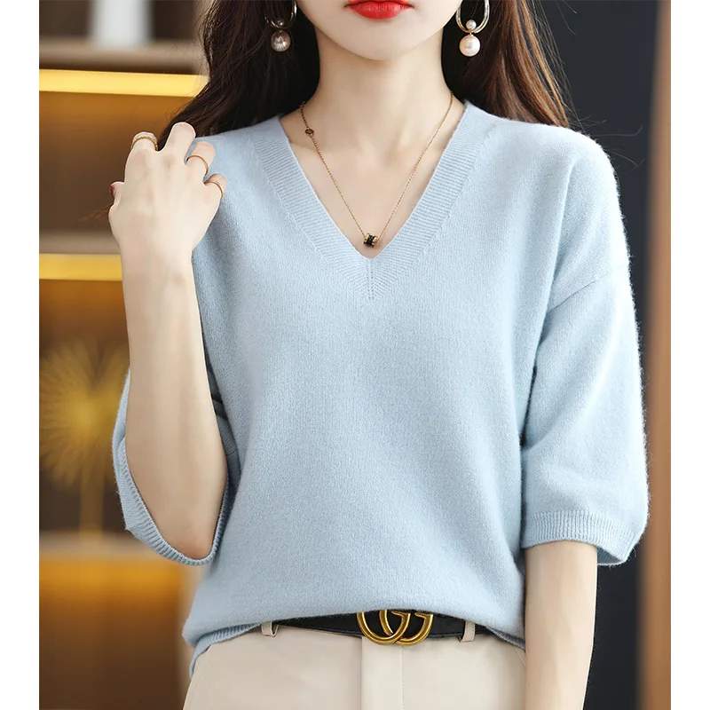 2024V-Neck Sweater Women Knit Short-Sleeve 100%Wool T-Shirt Summer New Pullovers Loose Thin Cashmere Solid Base Shirt Female Top