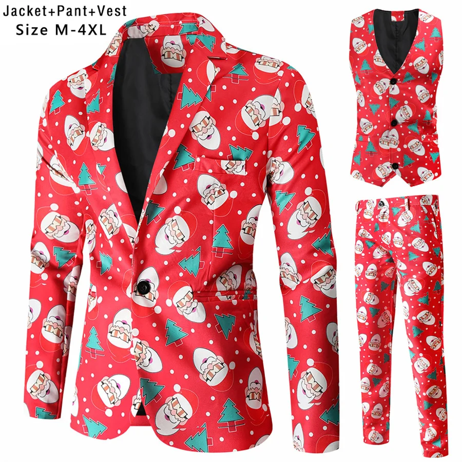 

2026 Men Stage Suit Set Santa Claus Printed Jacket Vest and Pants Men Dance Festival Party Costume Men's Blazers Nightclub Sets