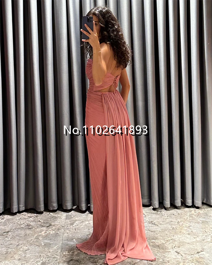 Nersesyan Rose Pink Long Evening Dresses Mermaid Lace Up Backless Side Slit Party Gown Spaghetti Strap Tulle Pleated Prom Gowns