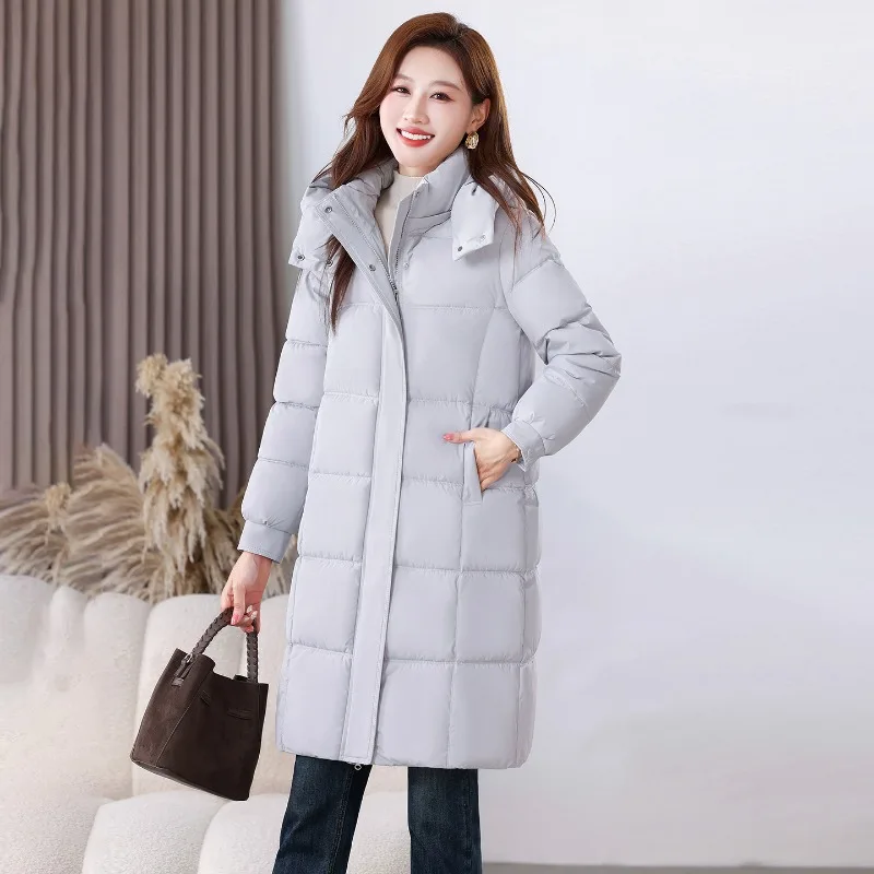 Winter Warm Longline Puffer Coat Women Hooded Quilted Padded Jacket Detachable Hood Zip Up Thickened Thermal Windproof Outerwear