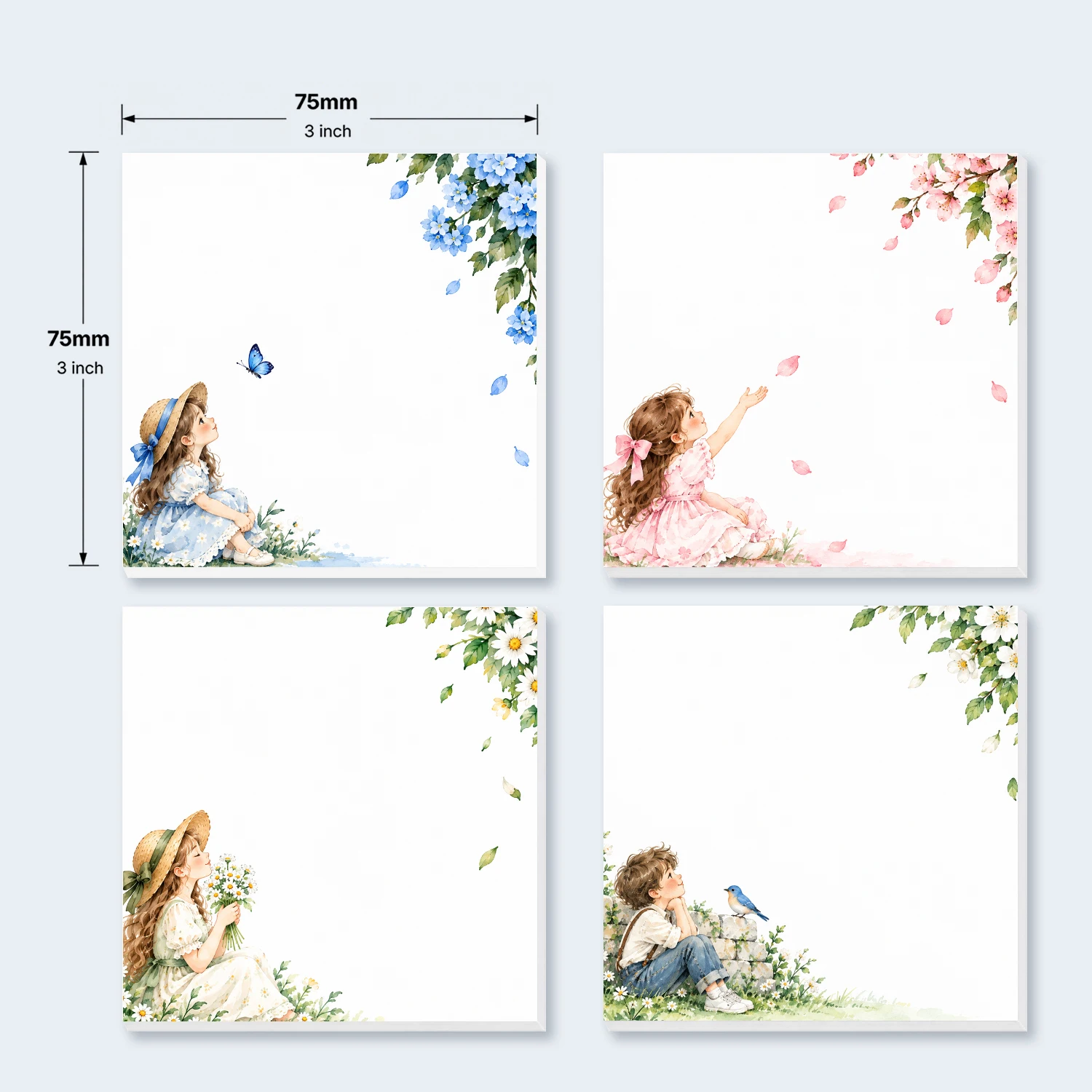 4PCS Floral Girl Boy Sticky Notes 200 Sheets Spring Flowers Butterfly Bird Memo Pads 75x75mm Office School Stationery