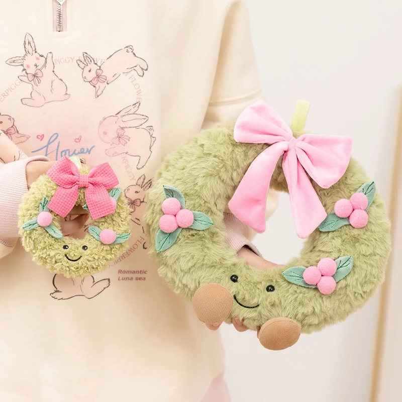 Sweet Green Wreath Plush Toy Stuffed Smiling Humanoid Pink Bow Tie Plushie Kawaii Home Decor Christmas Gift