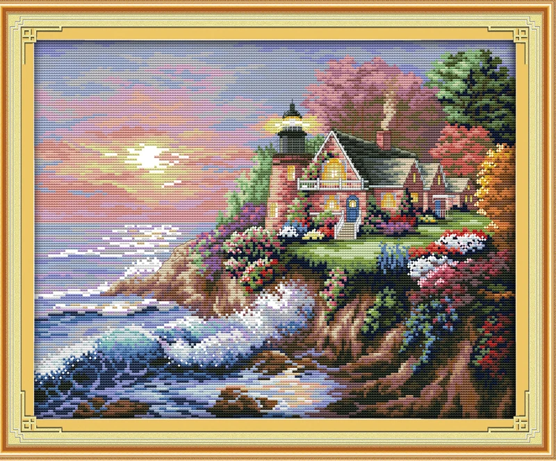 Lighthouse (4) cross stitch kit sea side 14ct count printed canvas 11ct fabric x stitching embroidery DIY handmade needlework