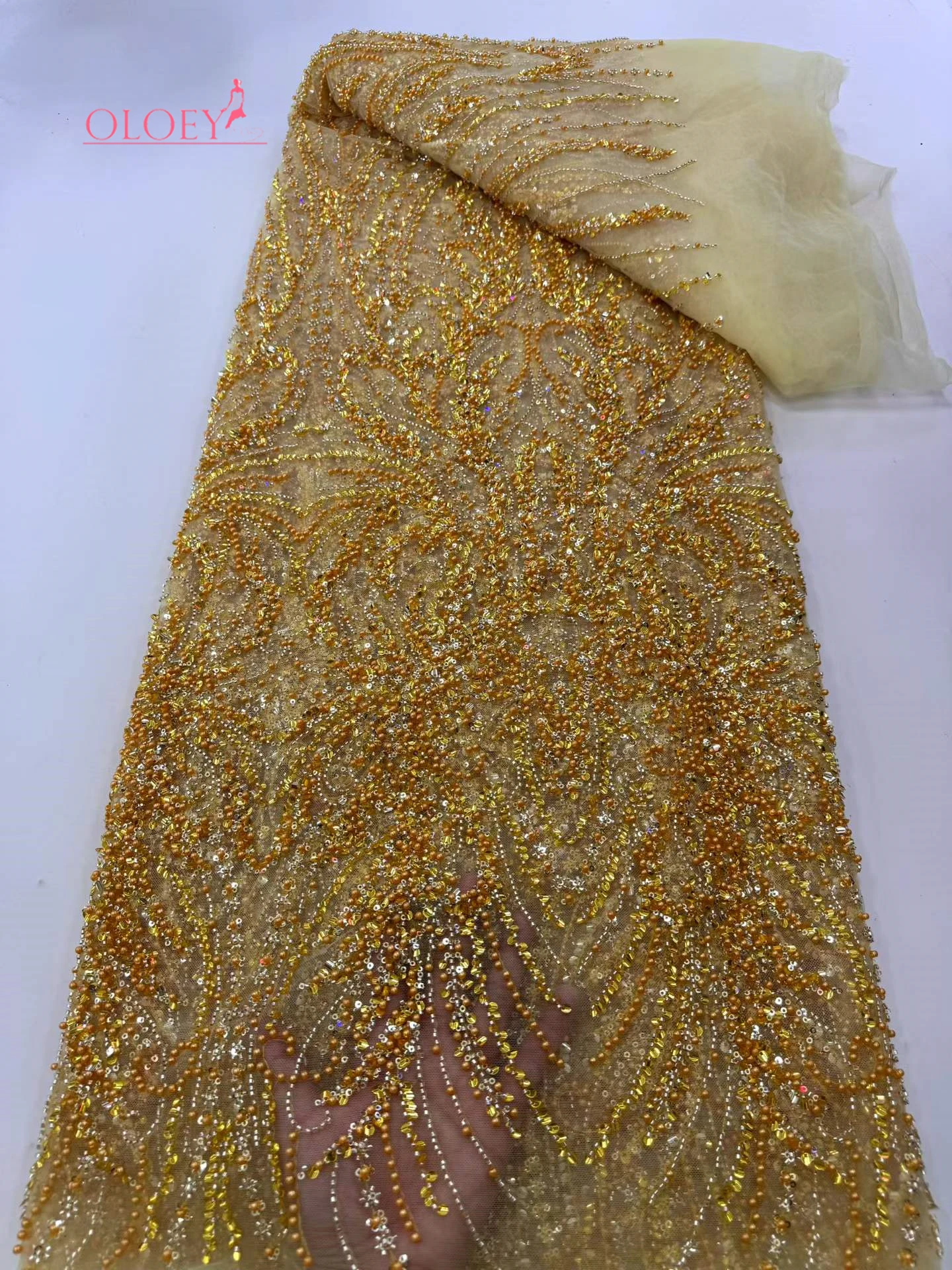 

OLOEY 2026 Luxury Beaded Lace Fabric French Mesh Embroidery African Nigerian Sequins for Wedding Dress Sewing Material