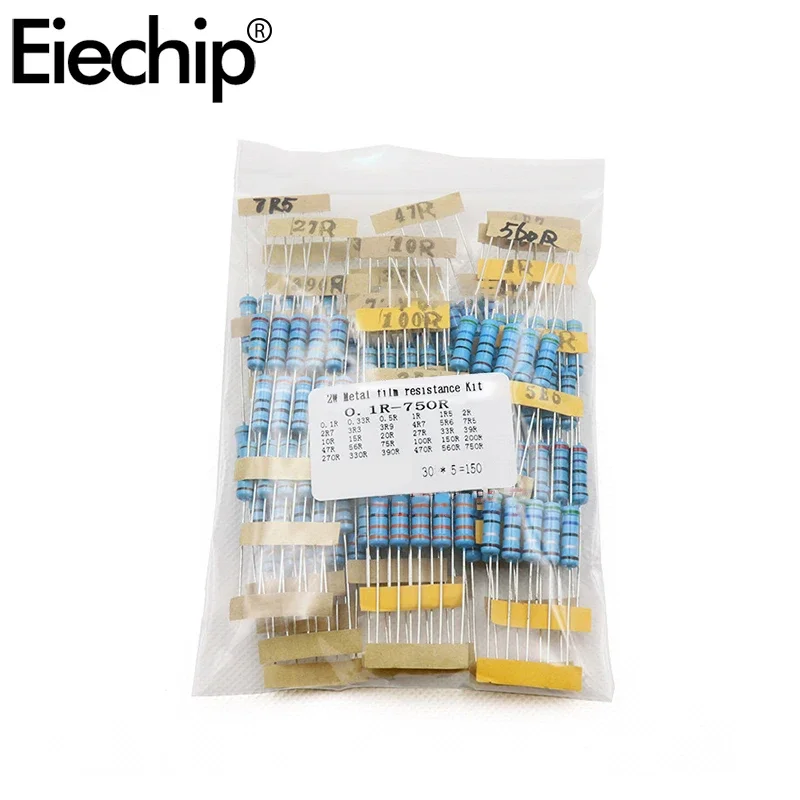 150pcs/lot 2W 0.5W Metal Film Resistor kit 0.1R~750R 1K~820K ohm 30 value assorted resistor pack set diy Set of resistors