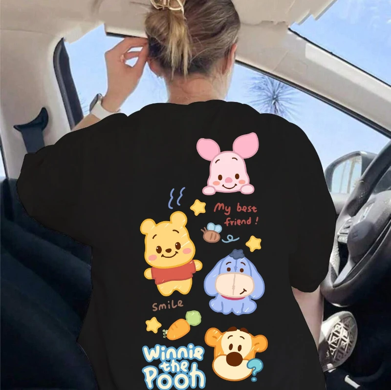 

Мягкий и эластичный повседневный свободный топ с короткими рукавами и принтом Винни-Пух Диснея, с Винни-Пухом и друзьями