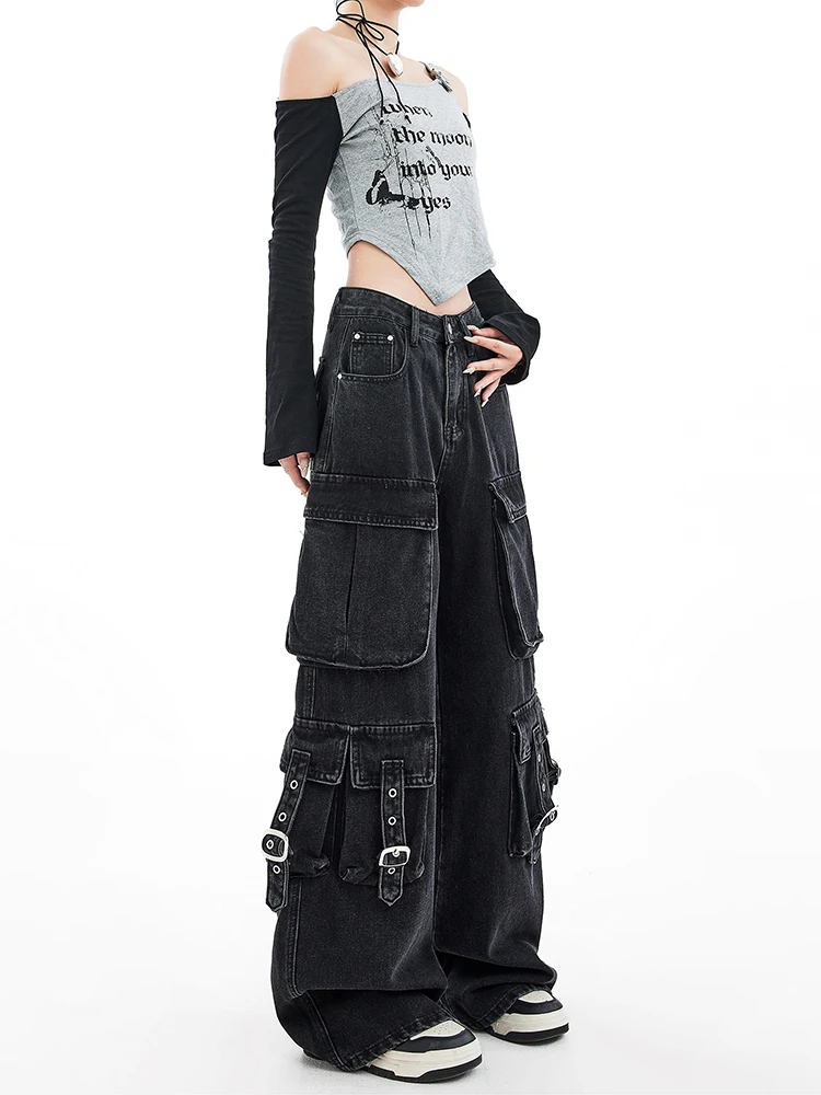 American Hip-hop Personalized Retro Washed Cargo Jeans Women Loose Straight Trousers Niche Design Wide Leg Pants