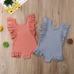 Costume da bagno estivo per neonate senza maniche in tinta unita con volant costume da bagno per bambini senza schienale dolce principessa