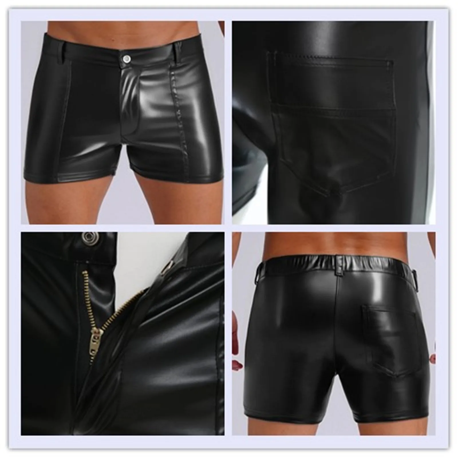 

Mens Oil Glossy Faux Leather Latex Rave Shorts Back Elastic Band Back Pocket Pouch Boxer Short Pants Festival Nightclub Clubwear