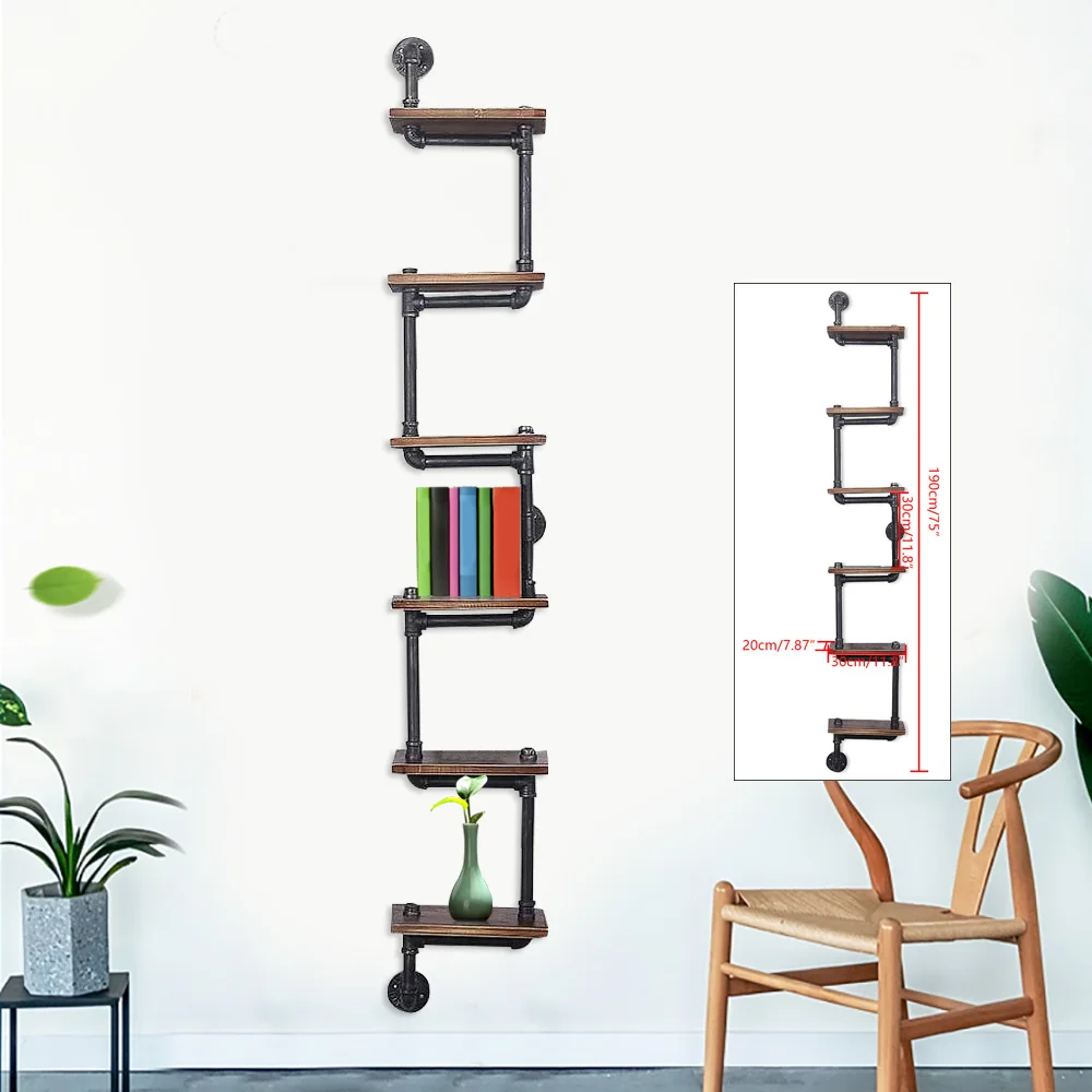 Industrial Floating Shelves Wall Mount Pipe Shelves Wood 6 Tiers Ladder Bookshelf For Living Room