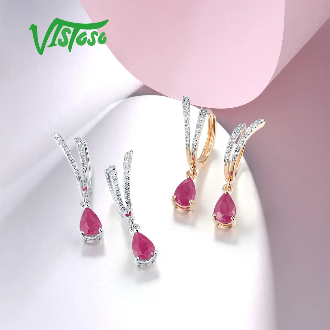 VISTOSO-pendientes de aro de oro blanco/amarillo/Rosa de 14K 585, zafiro azul brillante, rubí, joyería fina única para fiesta de boda