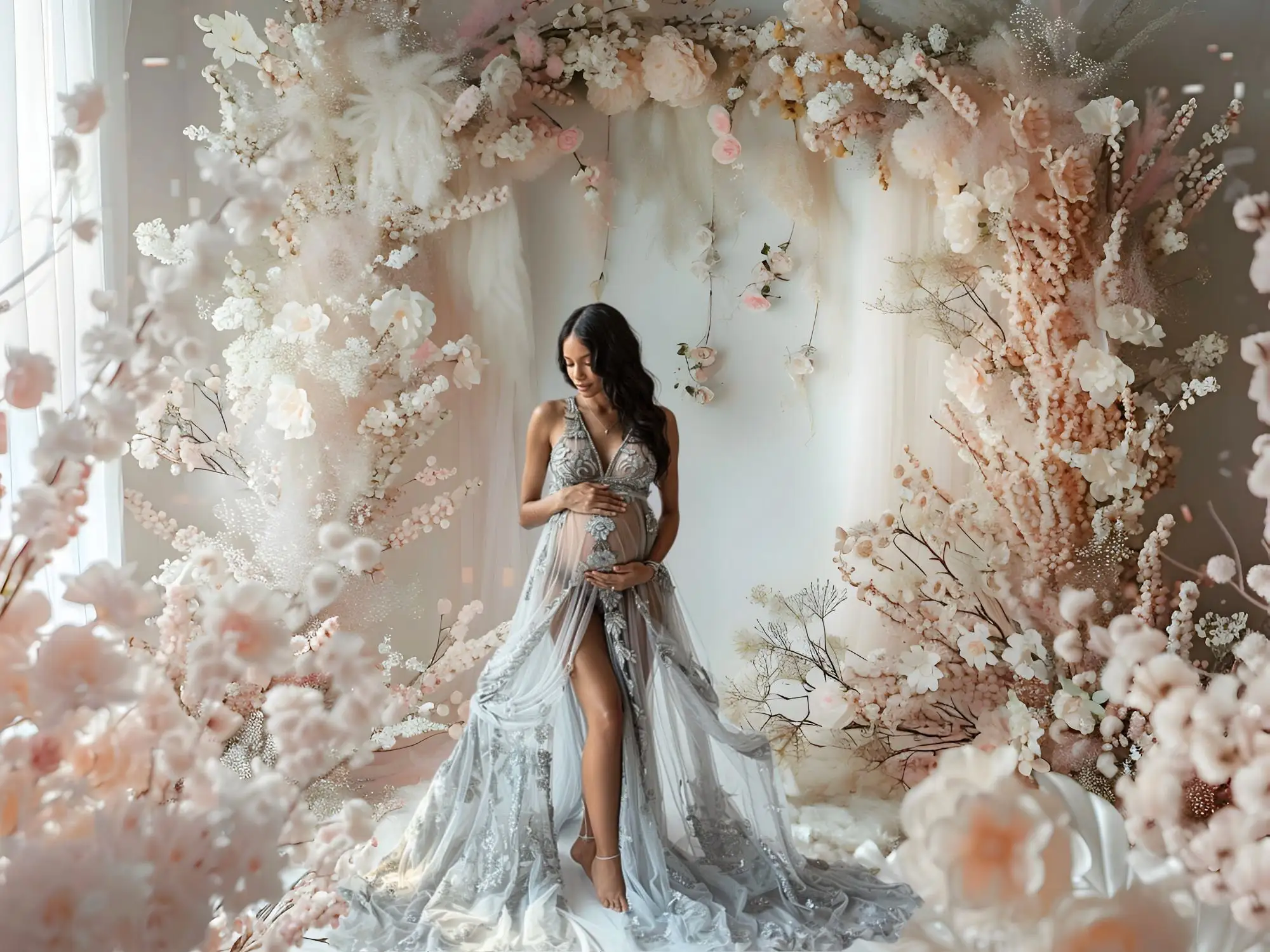 Tło fotografii Mehofond różowy tiul w kwiaty biały pokój urodziny ślub macierzyński portret wystrój zdjęcie tła Studio