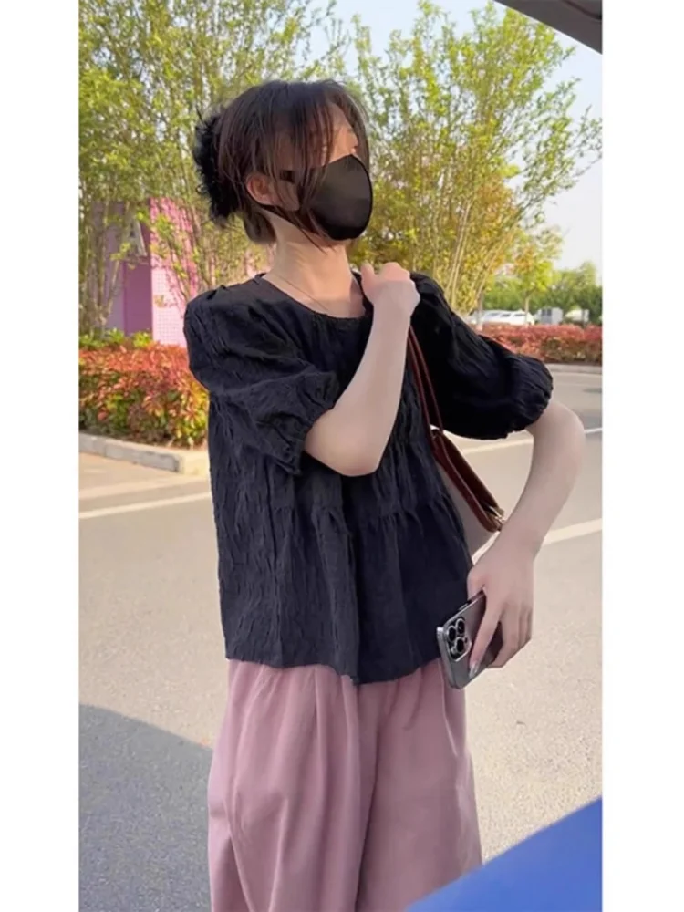 Design Sensation Small ence Chiffon Bubble Sve ort Sve Женский irt Summer New Sle Belly Cover Faionable You...