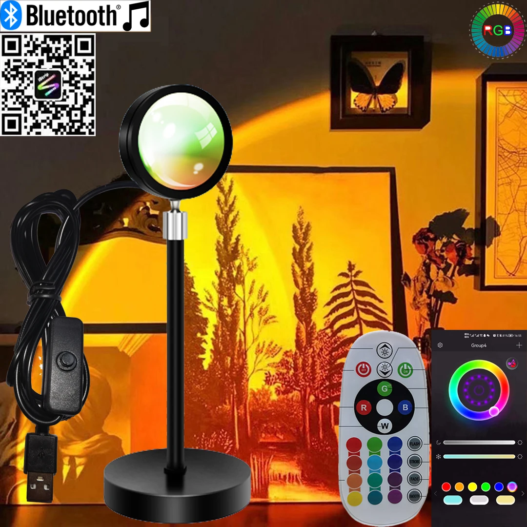 Portable LED RGB Sunset Projector Lamp with Bluetooth App Remote Control USB Photography and Rhythmic Disco Lightings for Selfie