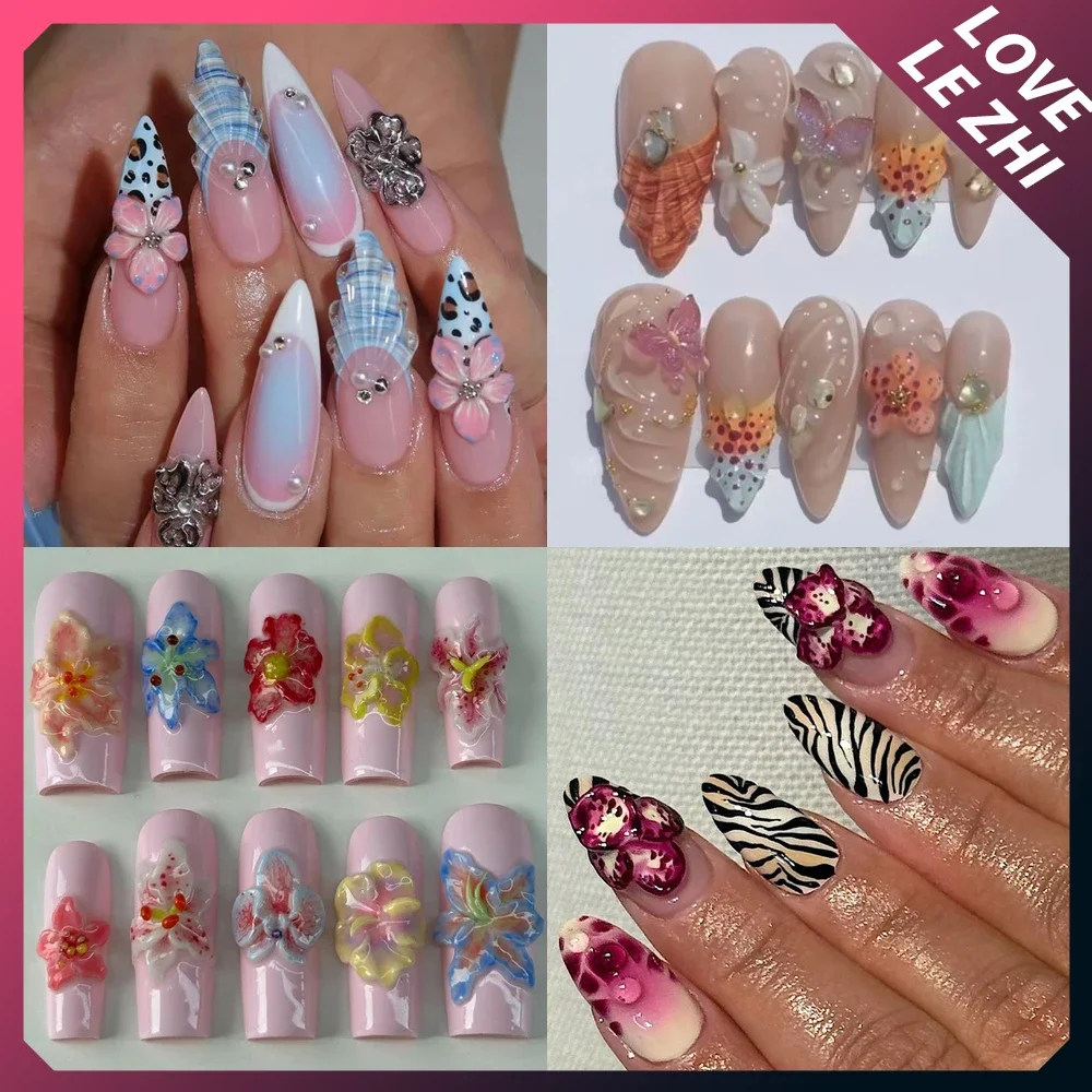 

Набор для ногтей ручной работы Y2K, длинный миндальный квадратный гель, накладные ногти, летние лилии, многоразовое полное покрытие, повторное использование накладных ногтей