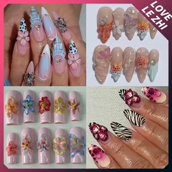Y2K Handmade Press On Nails Set Long Almond Square Gel False Nail Summer Lilies Reusable Full Cover Reuse Fake Nail Tips