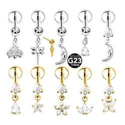 ASTM F136 G23 Titanium Flower Butterfly Bee Drop Moon Threadless Piercing Teardrop Pin Push in Daith Conch Earring 16G 18G 20G