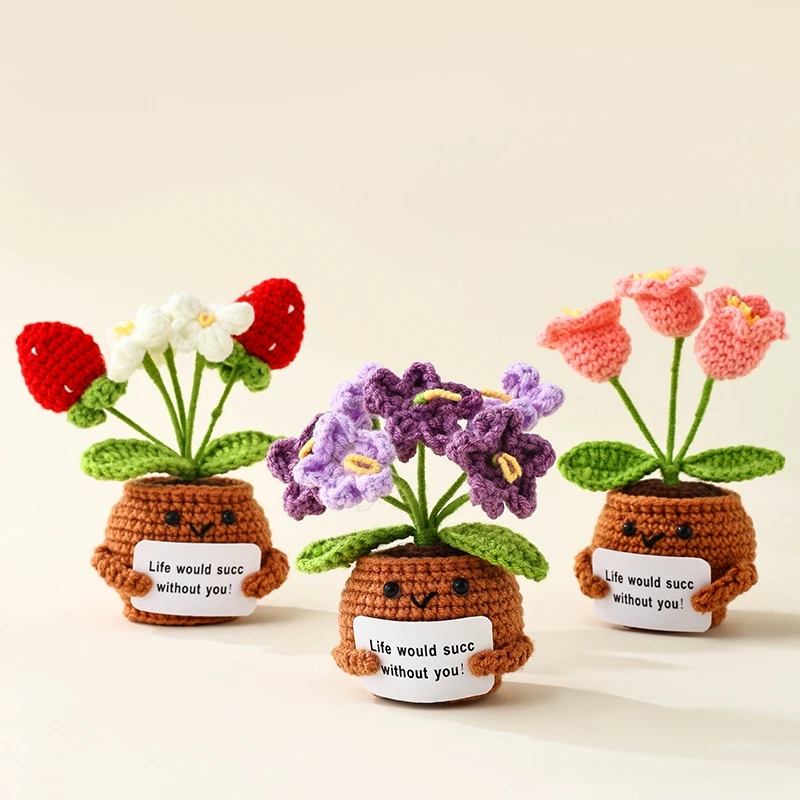 Funny Knitted Pot Smile Crochet Potted Flower Bouquet Positive Crochet Flower with Card Fruits Handmade Valentine's Day Gift