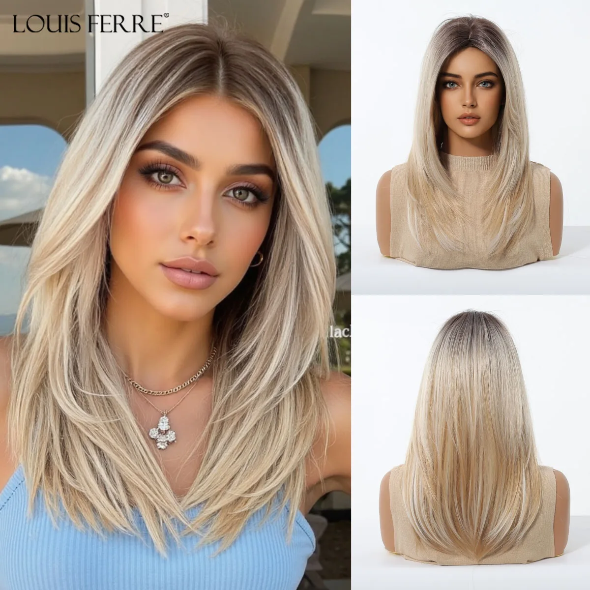 

LOUIS FERRE Medium Length Blonde Straight Wigs With Dark Roots For Women Daily Party Cosplay Heat Resistant Synthetic Fake Hair