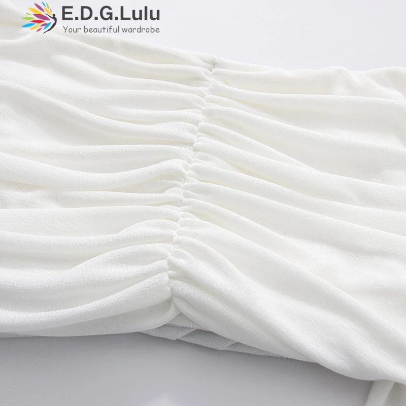 EDGLuLu New Two Piece Set Square Collar Off Shoulder Long Sleeved Short Top+High Waisted Pleated Long Skirt White Suit 0122