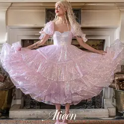 Mangas abullonadas princesa A-line lentejuelas coloridas vestidos internacionales para ocasiones formales vestido de novia vestido de noche personalizado