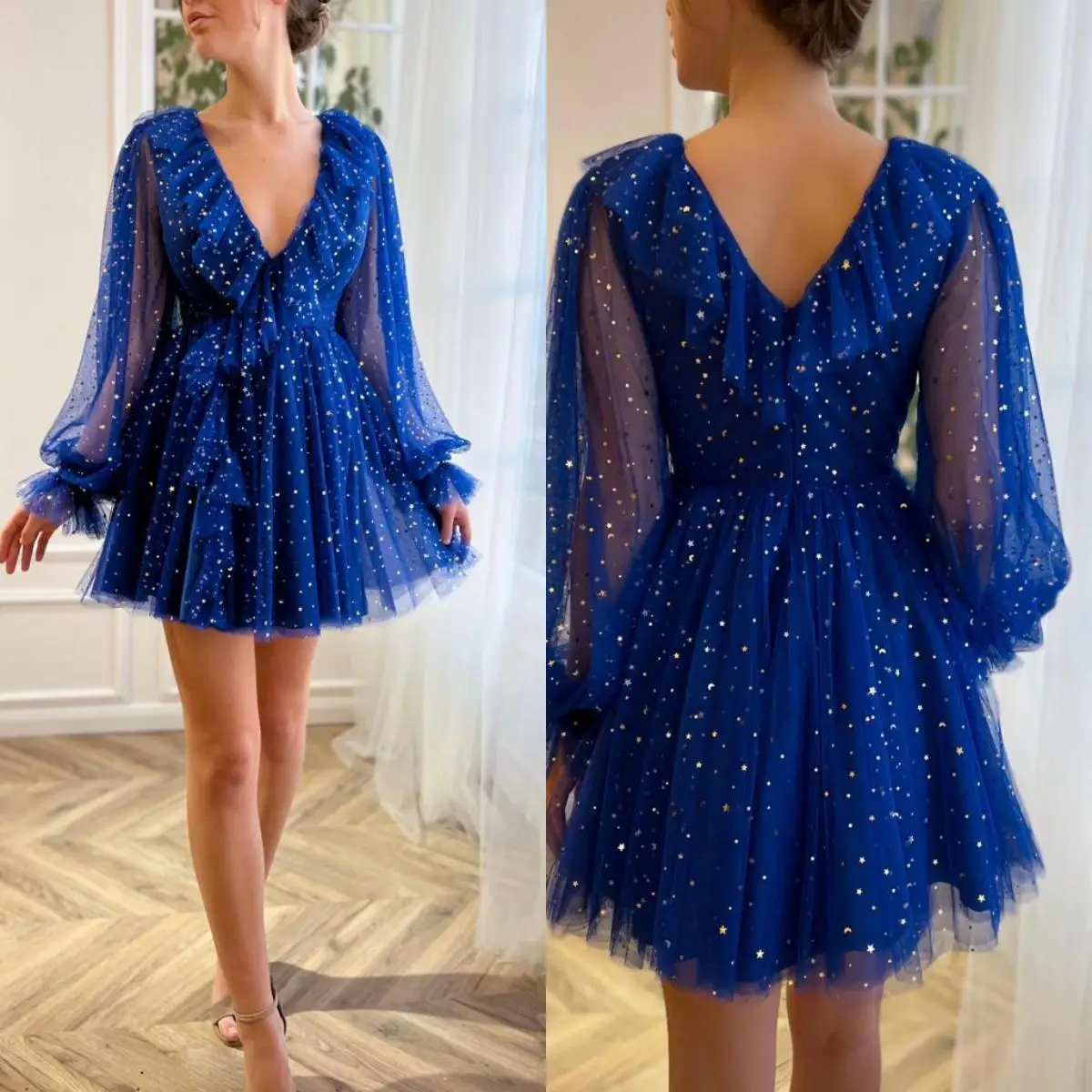 14874#IENA Blue Starry Tulle Mini Prom Dress Plunging V-Neck Long Sleeves Ruffles Party Gowns Above Knee A-Line Formal Dresses