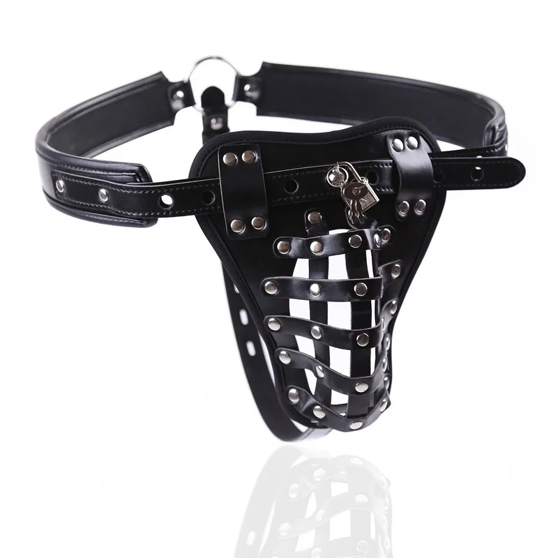 PU Leather Thong Male Chastity Pants Underwear BDSM Cock Restraint Cage Sex Chastity Belt with Penis Bondage Timing Lock Sex Toy