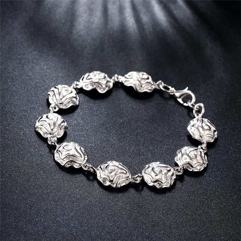 Hot sale fashion 925 Stamp Silver color Bracelet for woman Pretty Rose flower chain Wedding party Christmas Gifts good Jewelry
