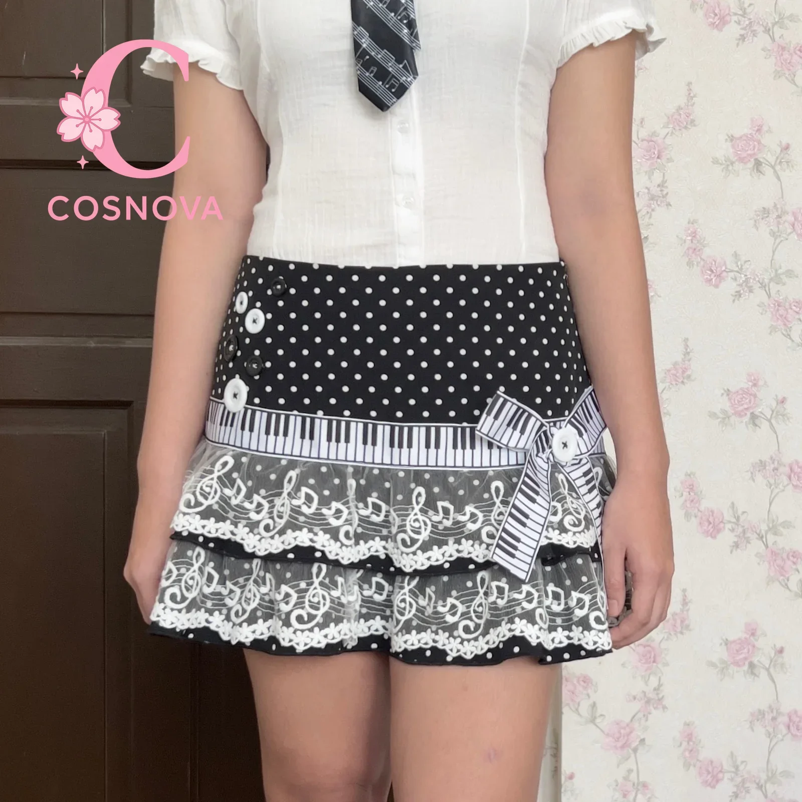 キュートなピアノミニスカート レディース パンク ブラック ホワイト ピアノキー柄スカート Y2K スリムウエスト ラッフル Aラインスカート 夏 韓国風 シック 女性用