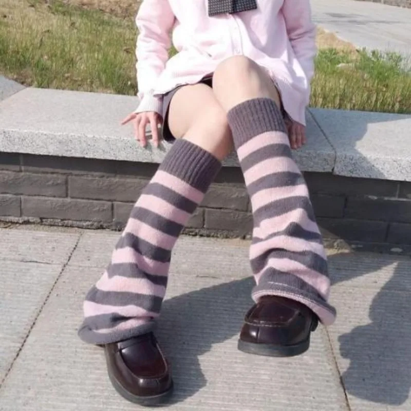 Kaos Kaki Panjang Bergaris Wanita Lolita, Legging Rajut, Kaos Kaki Musim Dingin Jepang, Penghangat Lengan & Pergelangan Kaki Gadis Kawaii, Kaos Kaki Bergaris