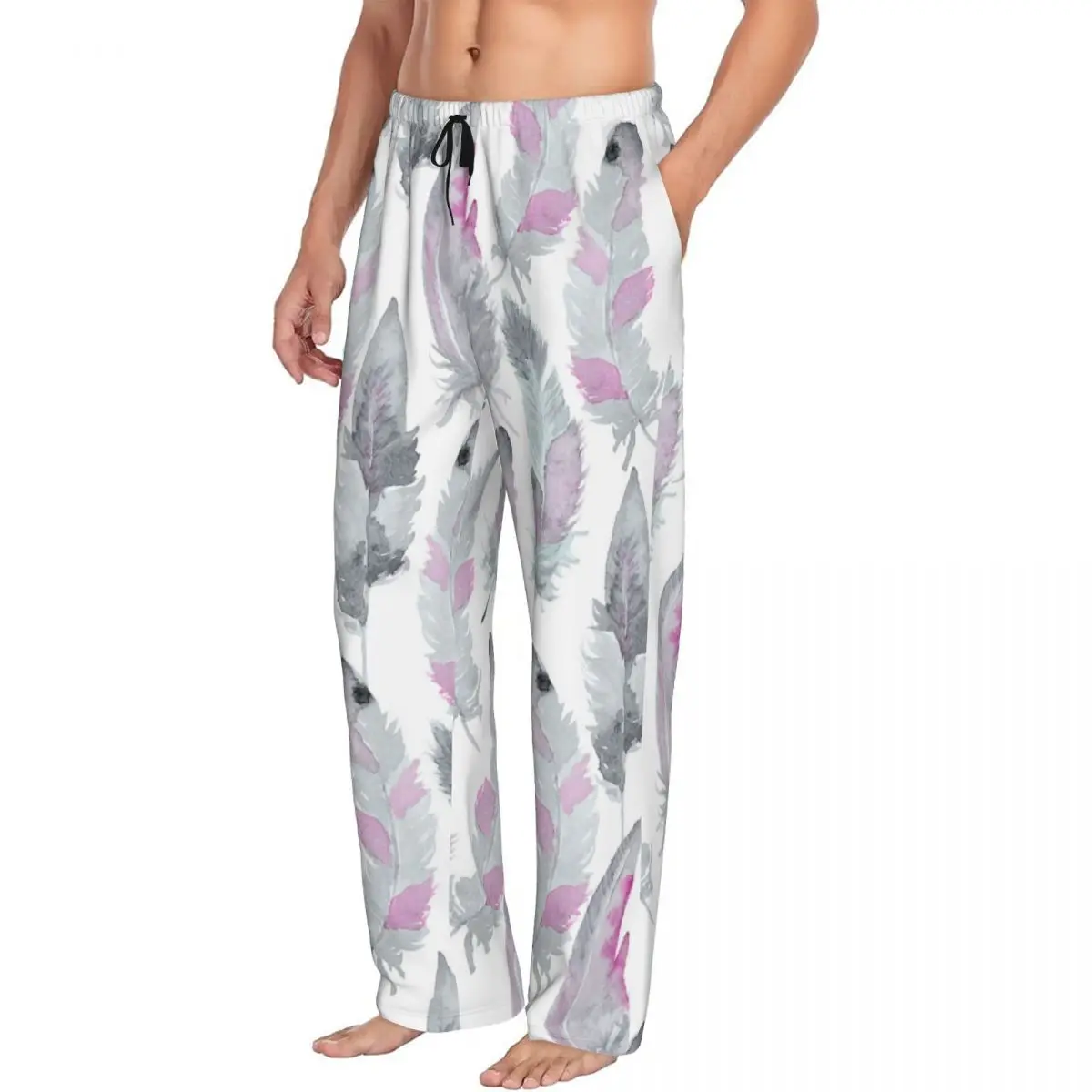 Watercolor Feathers Pajama Pants Sleepwear for Men Elastic Waistband Sleep Lounge Bottoms with Pockets